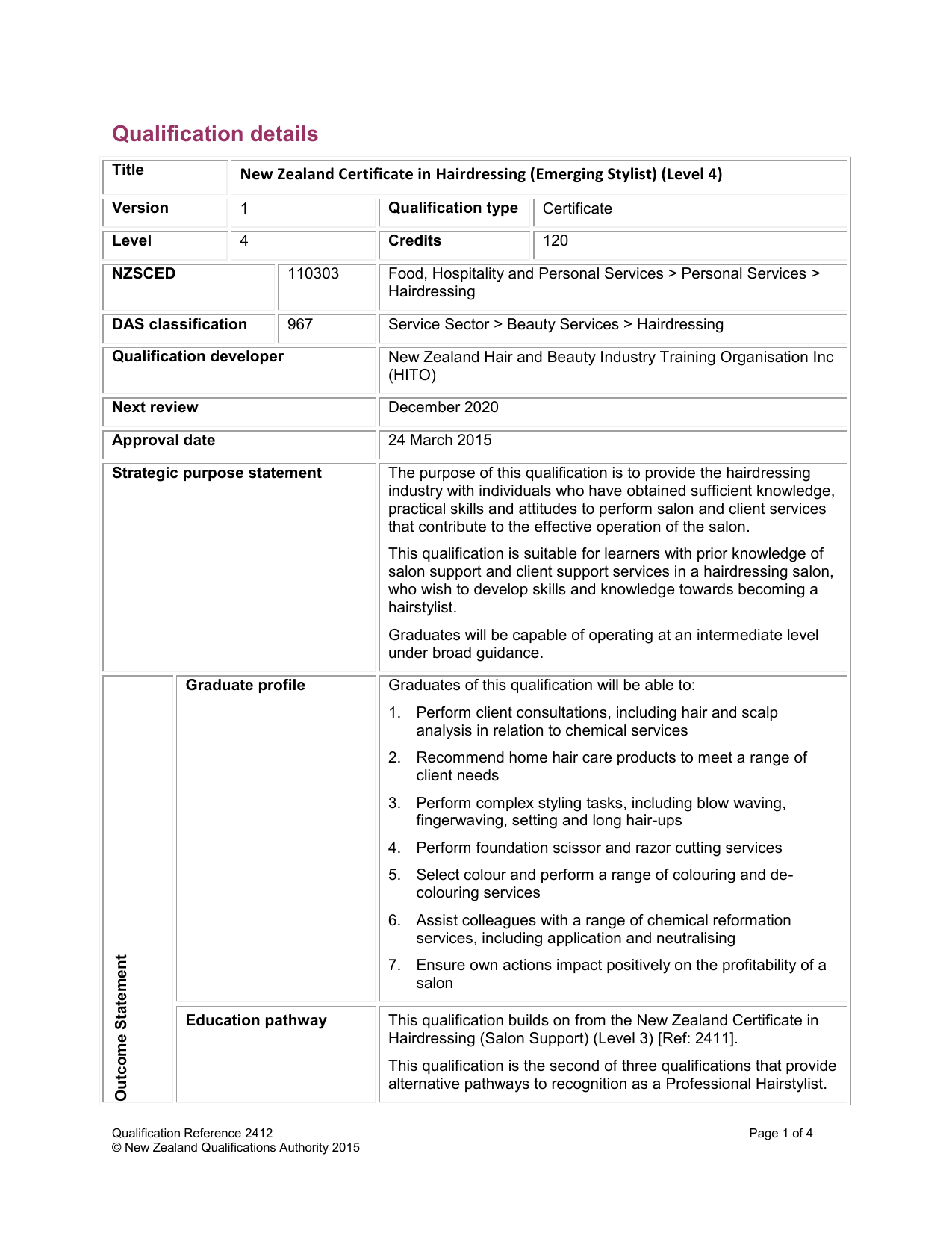Qualification Details New Zealand Certificate In Hairdressing