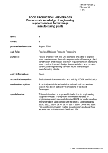 FOOD PRODUCTION - BEVERAGES Demonstrate knowledge of engineering support services for beverage