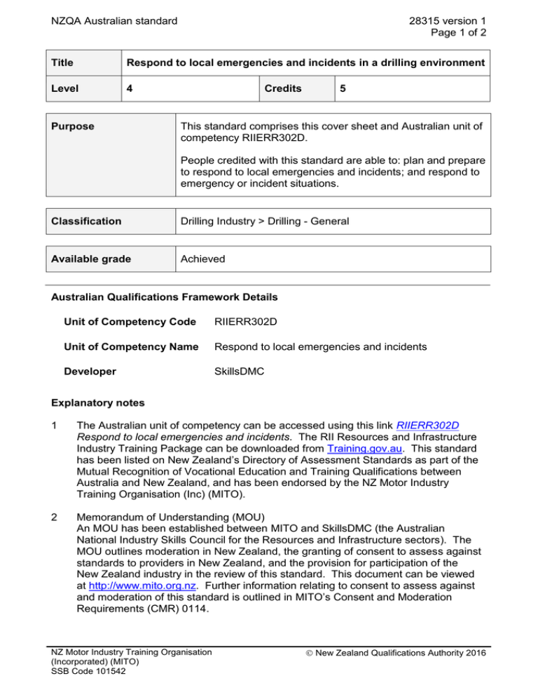 NZQA Australian standard 28315 version 1 Page 1 of 2