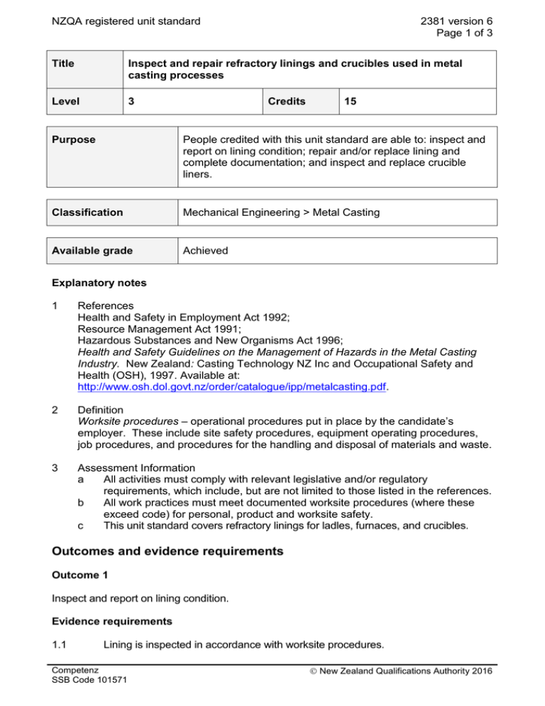 NZQA registered unit standard 2381 version 6 Page 1 of 3