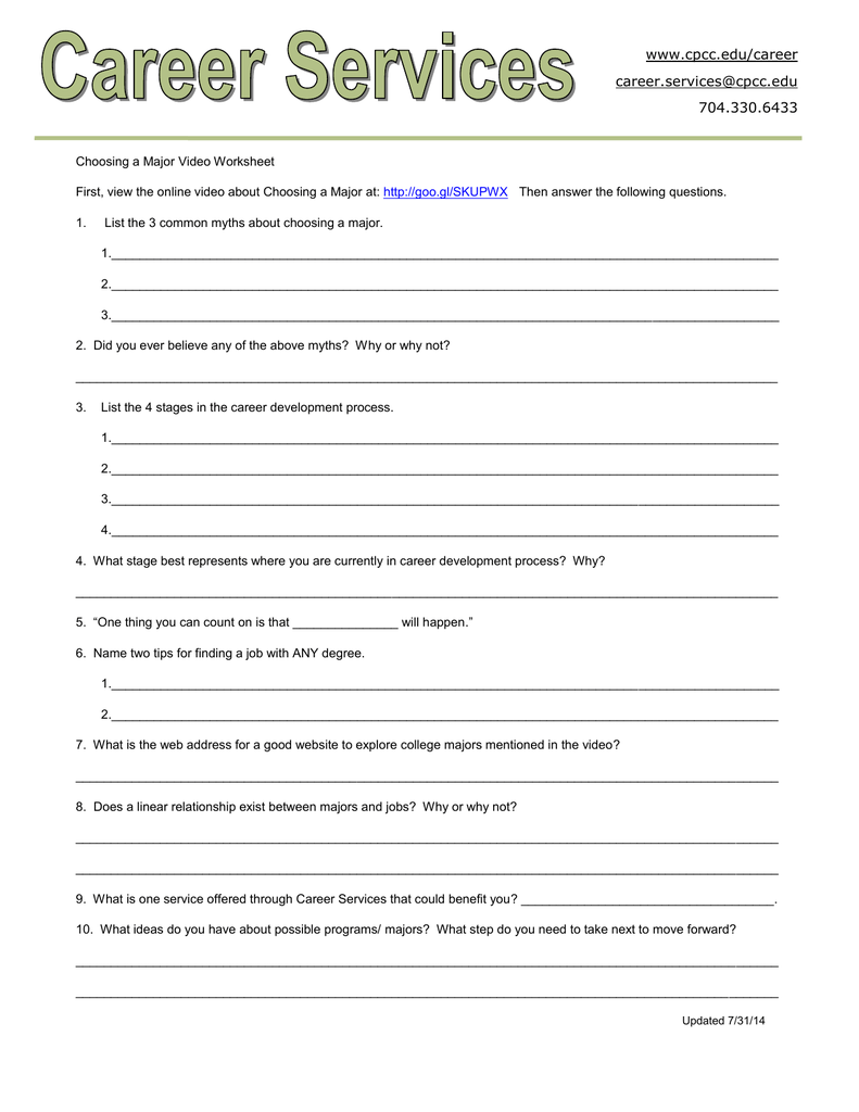 Choosing a major assignment (doc) Regarding Choosing A College Worksheet