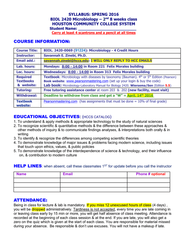 SYLLABUS MICROBIOLOGY SPRING 2016 SECOND 8 WEEKS.doc