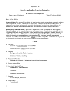 Appendix 10 Sample: Application Screening Evaluation Candidate Screening Form