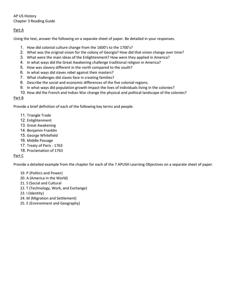 AP US History Chapter 3 Reading Guide Part A