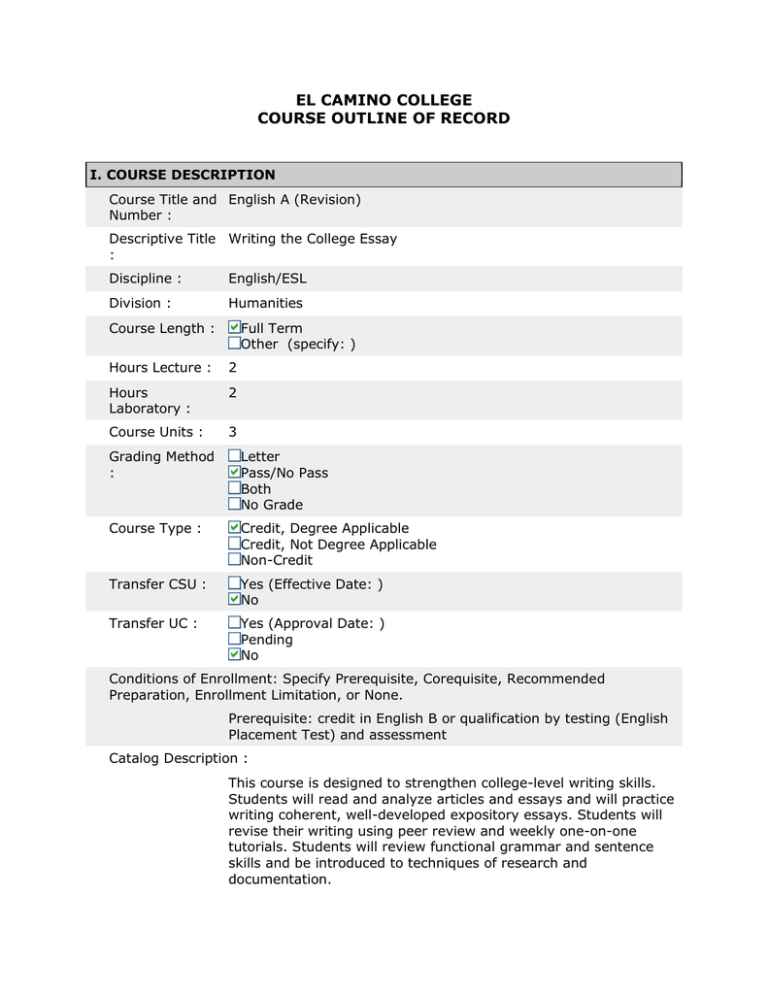 EL CAMINO COLLEGE COURSE OUTLINE OF RECORD