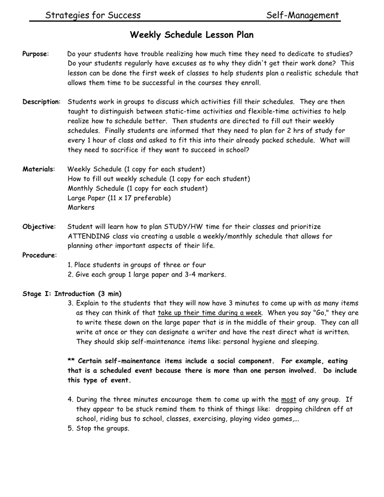 Strategies For Success Self Management Weekly Schedule Lesson Plan