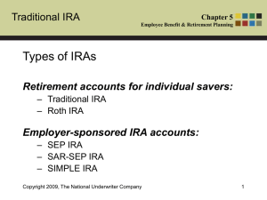 Types of IRAs Traditional IRA Retirement accounts for individual savers: Employer-sponsored IRA accounts: