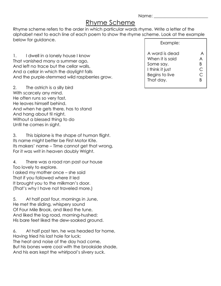 Rhyme Scheme Worksheet