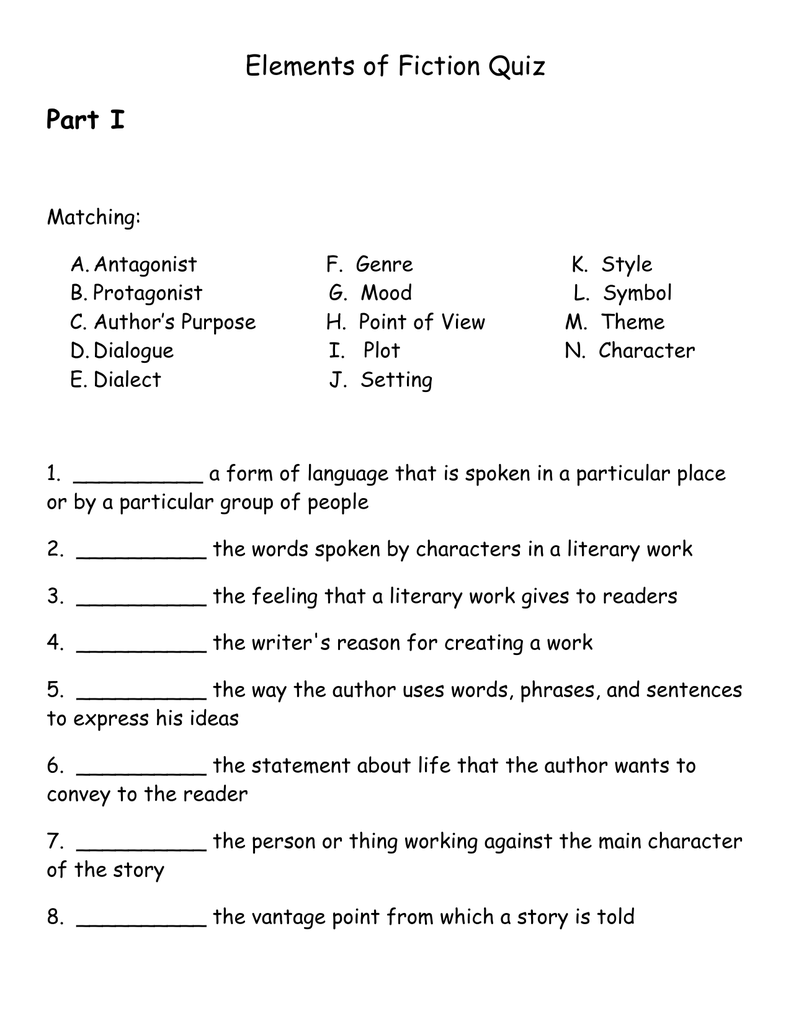 Elements of Fiction Quiz.doc Throughout Elements Of A Story Worksheet