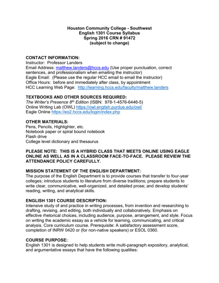 Syllabus English 1301 Spring 2016 doc