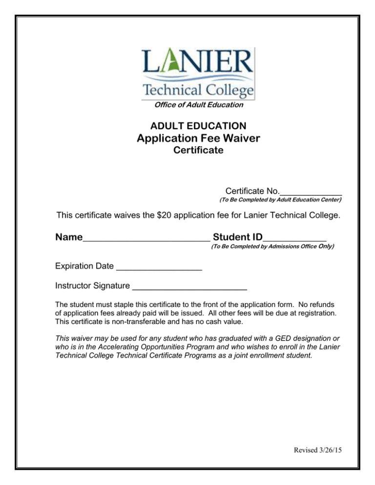 Application Fee Waiver ADULT EDUCATION Certificate