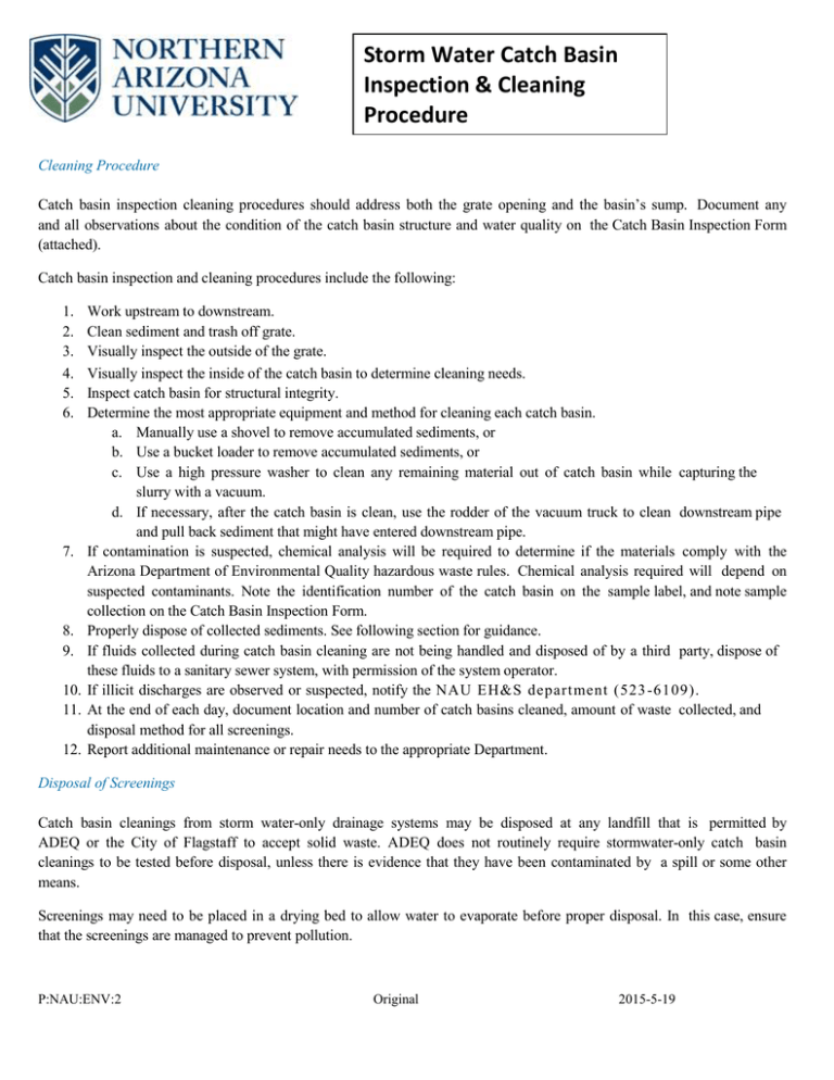 Storm Water Catch Basin Inspection & Cleaning Procedure