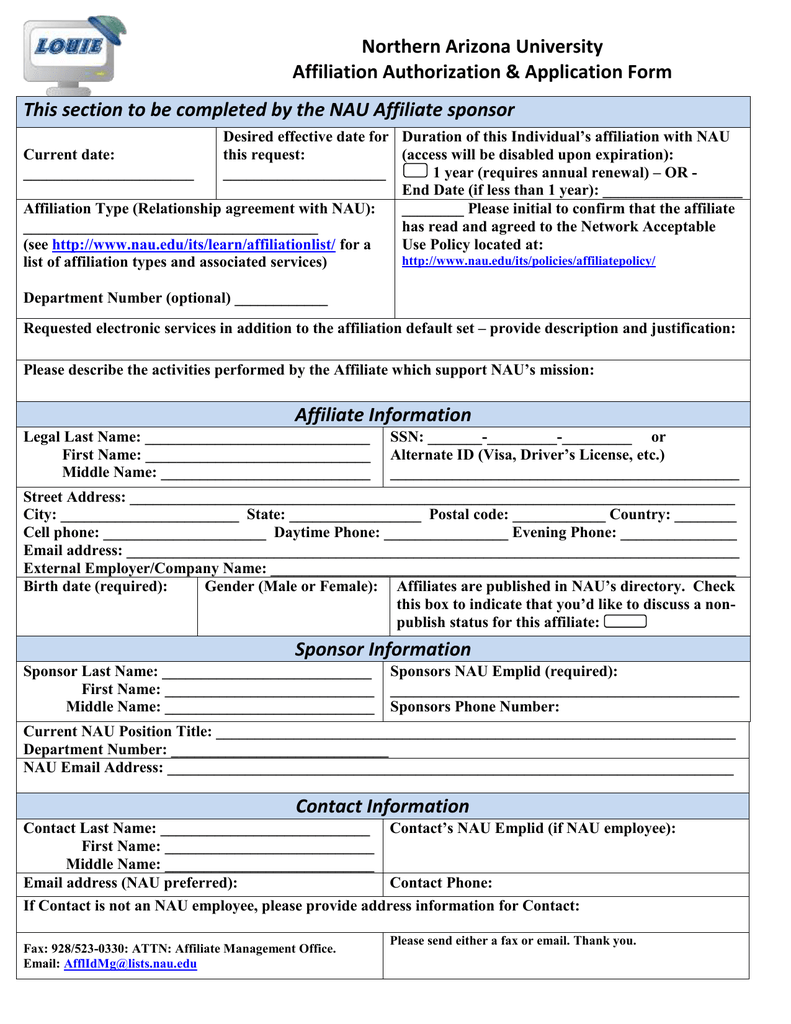 Northern Arizona University Affiliation Authorization & Application Form