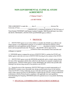 Warner-Lambert Company - Non-Governmental Clinical Trial Agreement - 8/1998