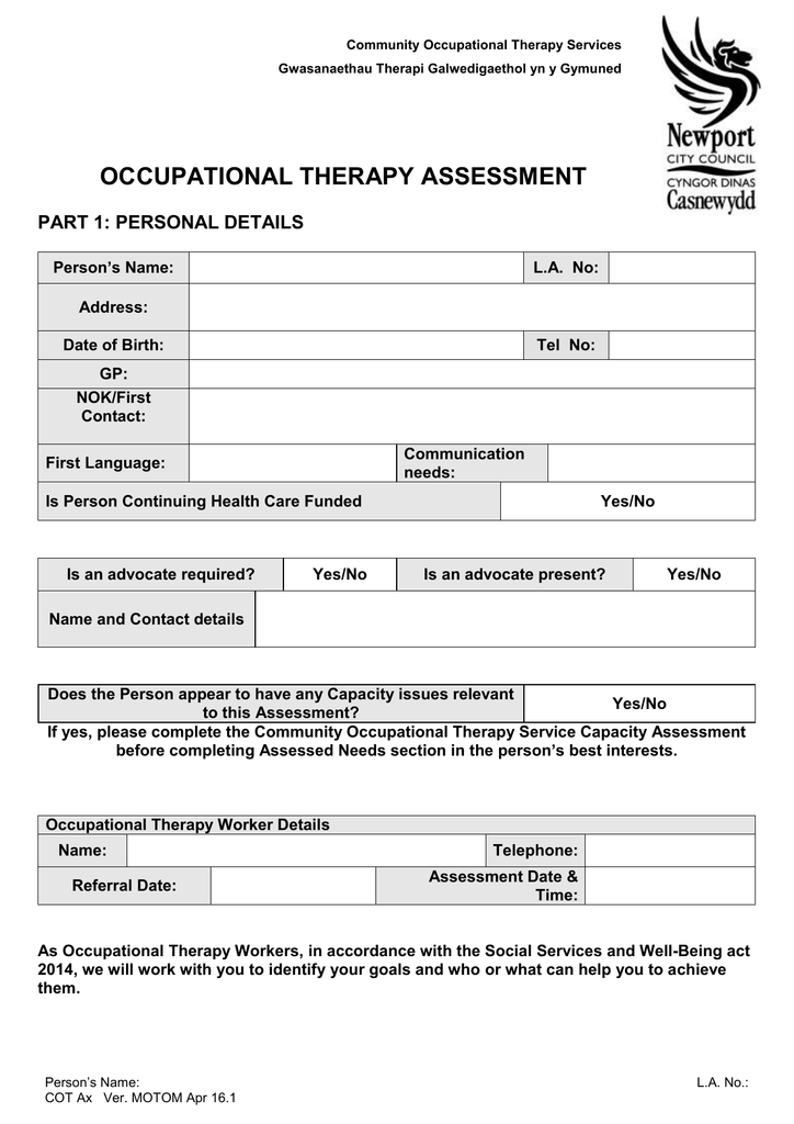 Occupational Therapy Assessment Word Document 3595