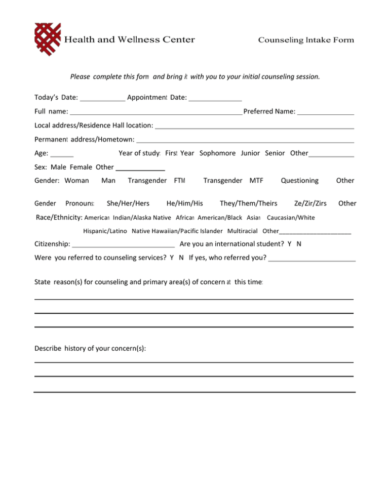 Counseling Intake Form Pdf 3901