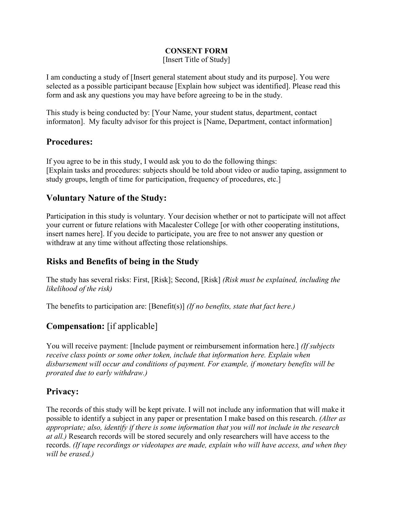 Sample Consent Form For Student Research Proposals