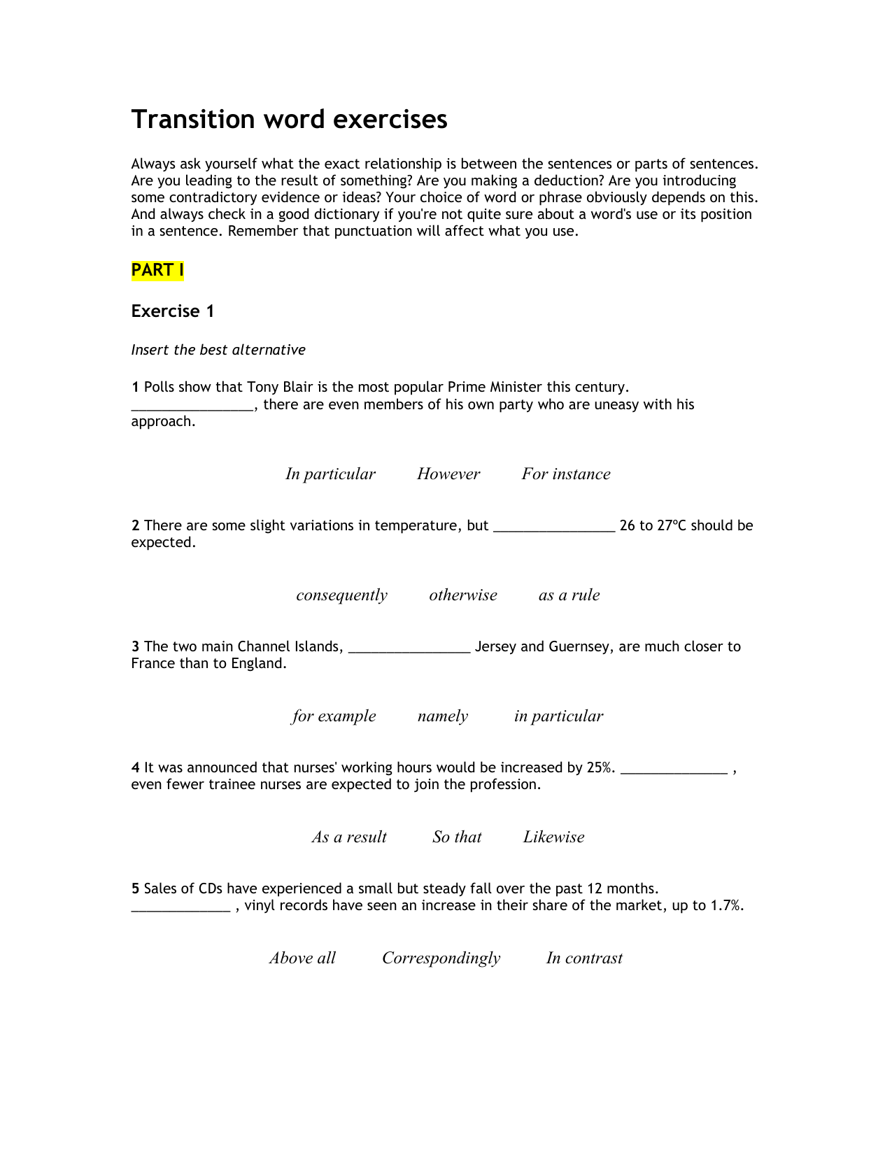 Transition word exercises 1 doc