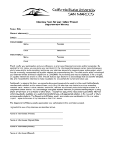Interview Form for Oral History Project Department of History