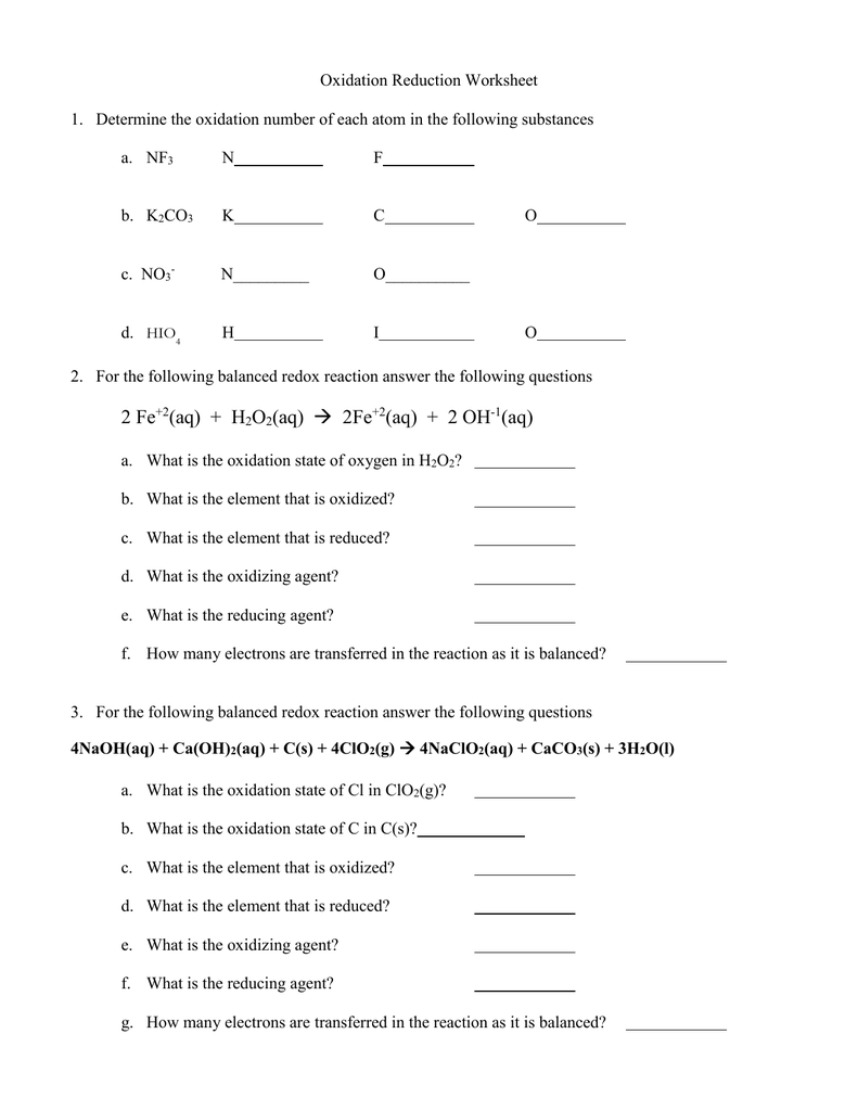 Oxidation Reduction Worksheet.doc In Oxidation Reduction Worksheet Answers