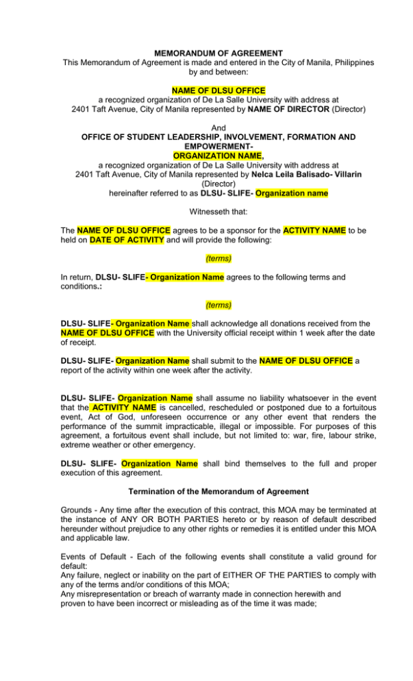MEMORANDUM OF AGREEMENT NAME OF DLSU OFFICE By And Between 