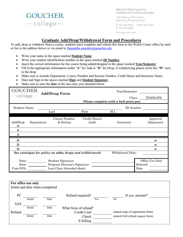 Graduate Add Drop Withdrawal Form And Procedures