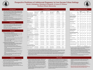 Holmberg, N. J., Keeports, C. R., Pittman, L. D. (2012, May). Prospective predictors of adolescent pregnancy in low-income urban settings. Poster presented at the annual meeting of the Association for Psychological Science, Chicago, IL.