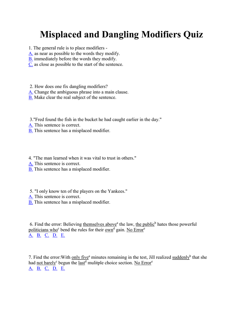 Misplaced And Dangling Modifiers Quiz Doc