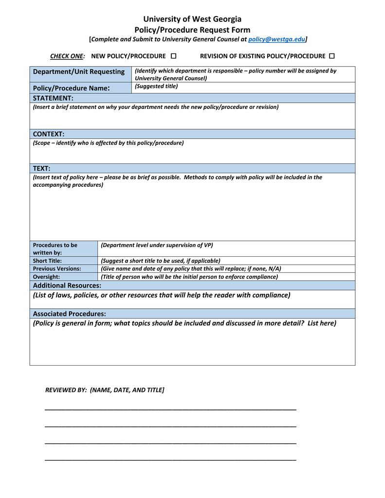 University of West Georgia Policy/Procedure Request Form Department ...