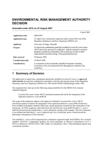 ENVIRONMENTAL RISK MANAGEMENT AUTHORITY DECISION Amended under s67A on 23 August 2007