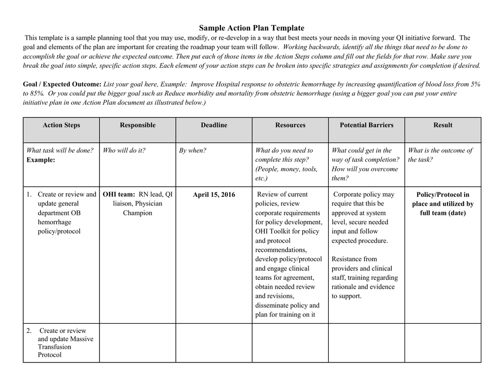 Action Plan Format Sample 1184