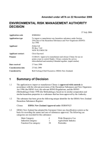 ENVIRONMENTAL RISK MANAGEMENT AUTHORITY DECISION Amended under s67A on 22 November 2006