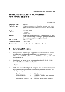 ENVIRONMENTAL RISK MANAGEMENT AUTHORITY DECISION  3 October 2005