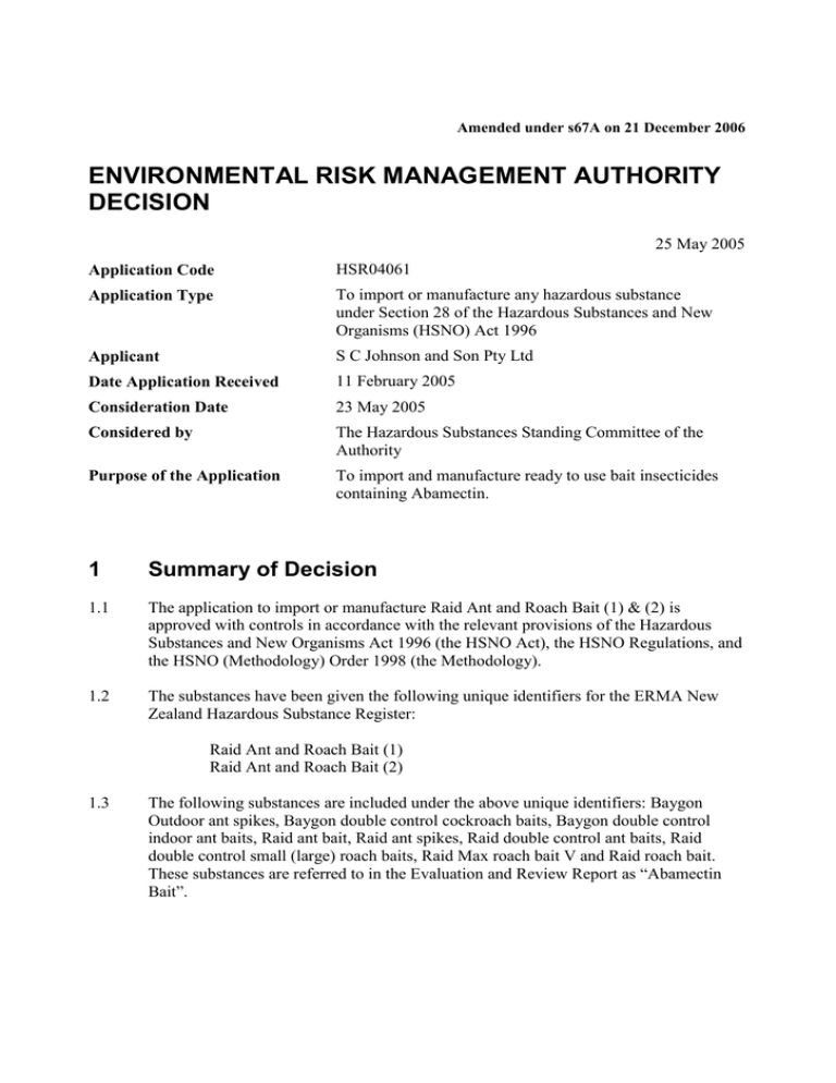 ENVIRONMENTAL RISK MANAGEMENT AUTHORITY DECISION