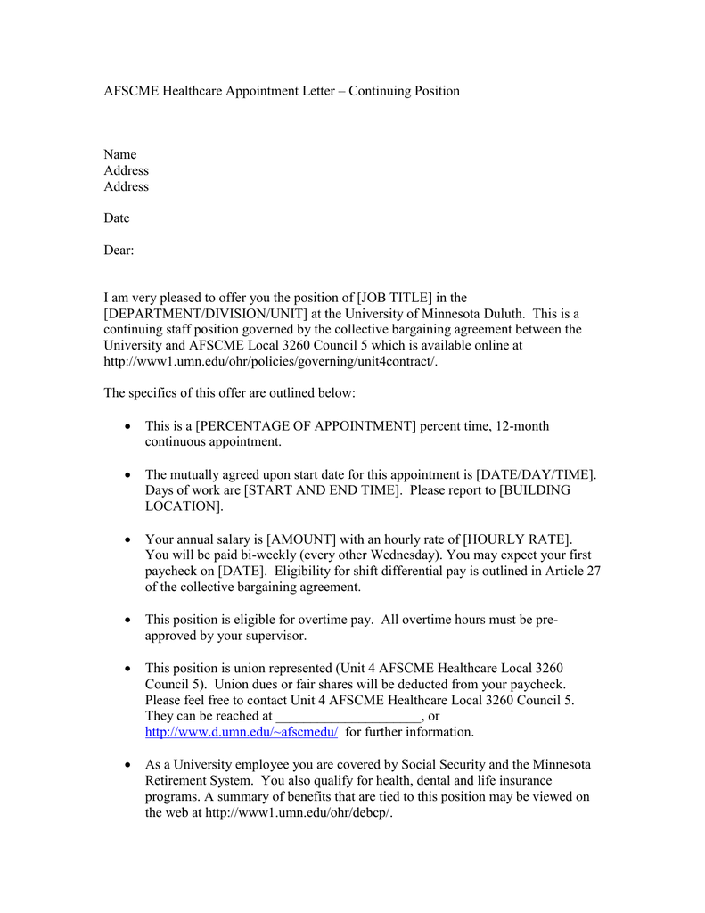 Afscme Healthcare Appointment Letter Continuing Position Name Address 9033