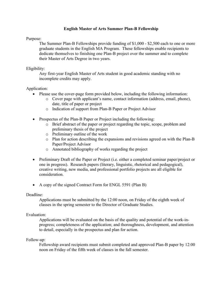 Summer Plan-B Fellowship Instructions And Cover-Page Form