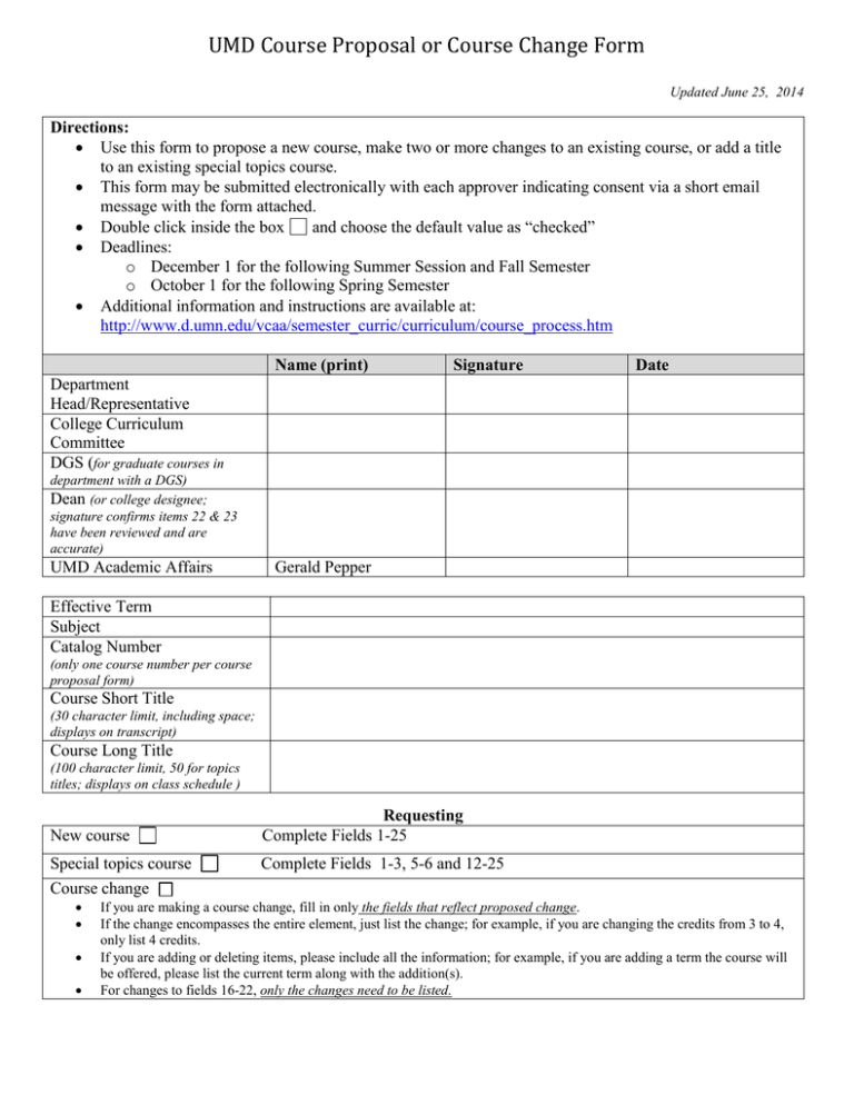 UMD Course Proposal or Course Change Form