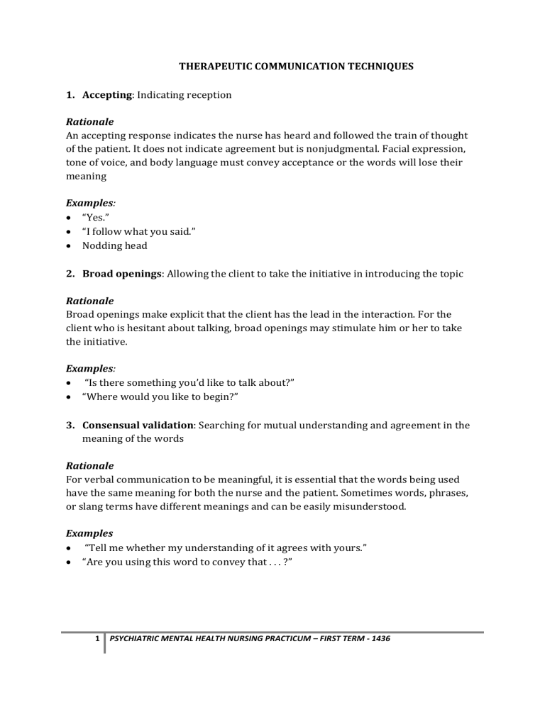 Table 6 1 THERAPEUTIC COMMUNICATION TECHNIQUES 1 Accepting