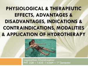 physiological, therapeutic, indications, Contraindications, Modalities, Treatment application of Hydrotherapy