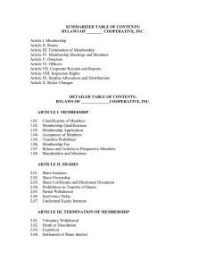 SUMMARIZED TABLE OF CONTENTS: BYLAWS OF ________ COOPERATIVE, INC.  Article I. Membership