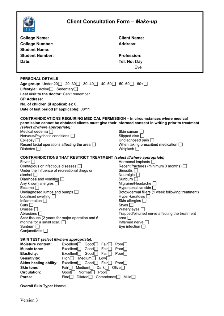 Printable Makeup Client Consultation Form