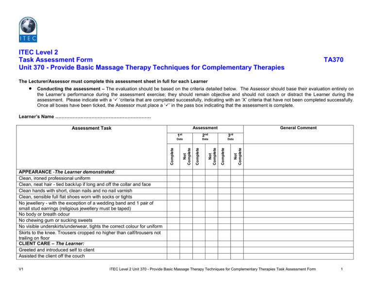 ITEC Level 2 Task Assessment Form TA370