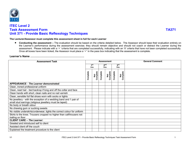 ITEC Level 2 Task Assessment Form TA371