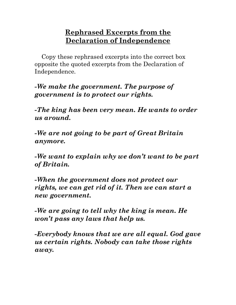 Rephrased Excerpts SS23 Within Declaration Of Independence Worksheet