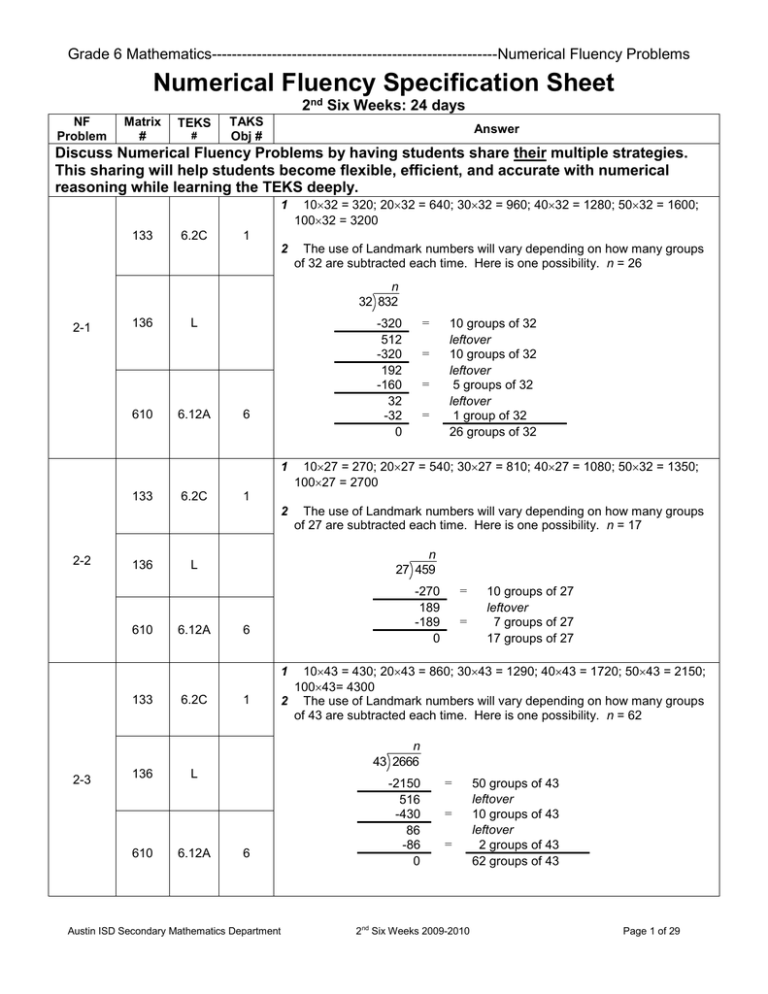 6th Grade 2nd 6 Weeks Numerical Fluency