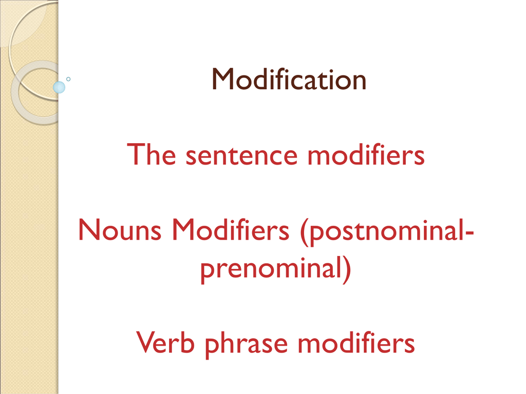 Modification The Sentence Modifiers Nouns Modifiers Postnominal Prenominal 