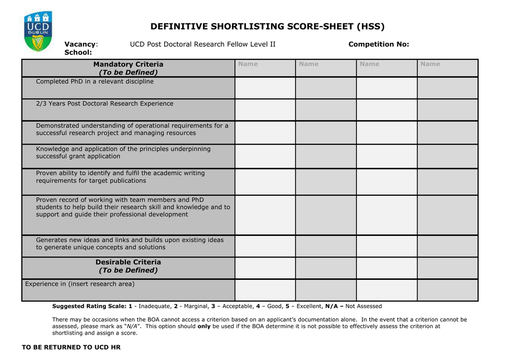 Shortlisting Score Sheet UCD Postdoctoral Researcher II HSS opens