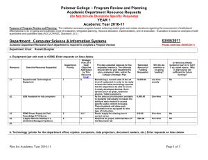 – Program Review and Planning Palomar College Academic Department Resource Requests YEAR 1