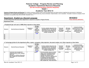 – Program Review and Planning Palomar College Academic Department Resource Requests YEAR 1