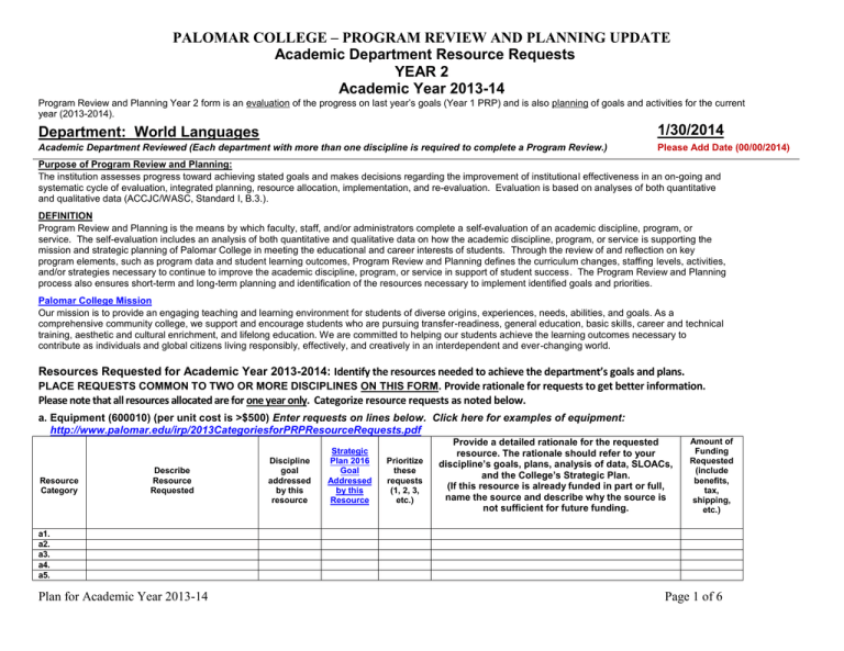 PALOMAR COLLEGE PROGRAM REVIEW AND PLANNING UPDATE YEAR 2